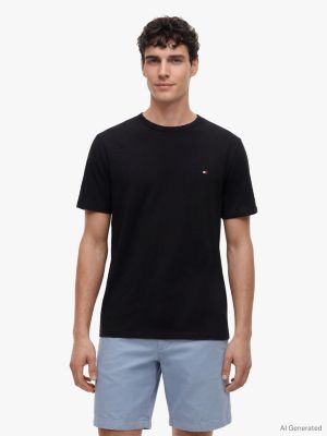 camiseta de cuello redondo texturizada con logo bordado black de hombres tommy hilfiger