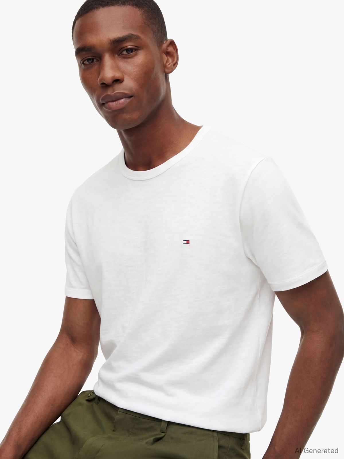 Flag Embroidery Textured Crew Neck T-Shirt — White