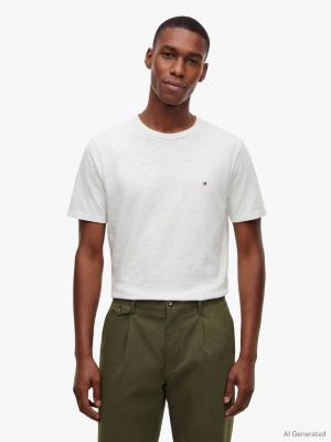 t-shirt a trama con bandierina ricamata white da uomini tommy hilfiger