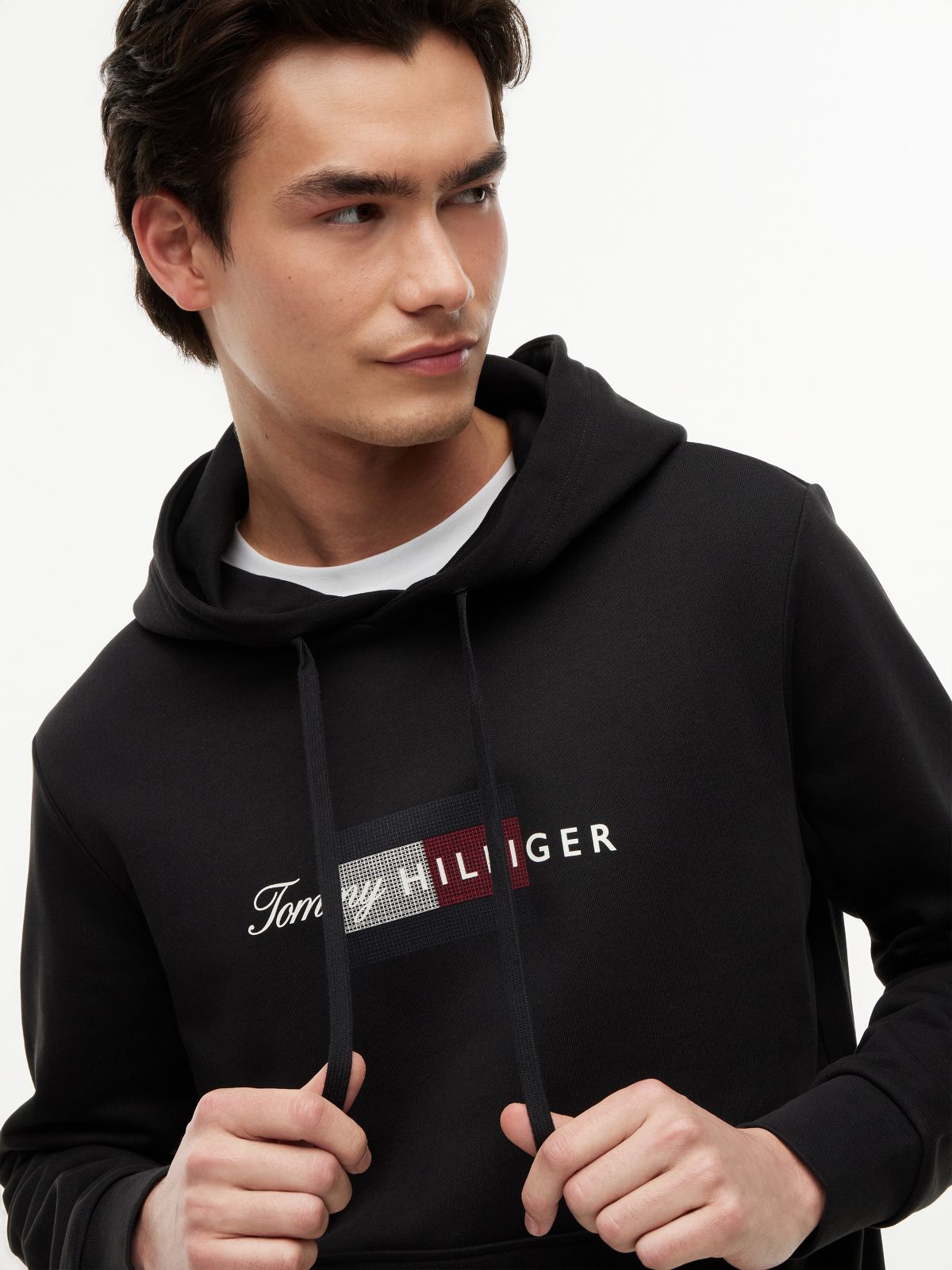 Flag Graphic Terry Drawstring Hoody — Black
