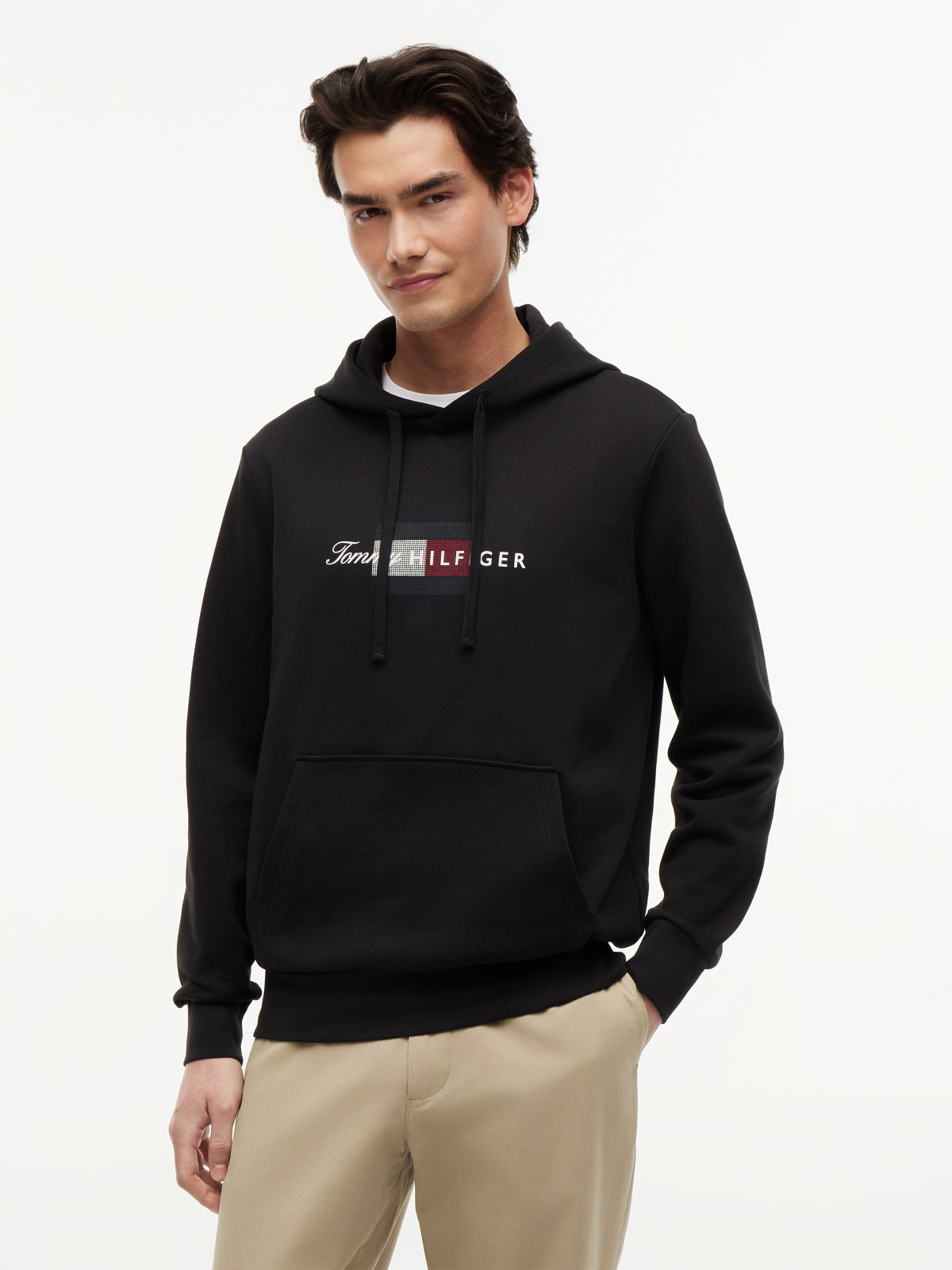 Flag Graphic Terry Drawstring Hoody — Black