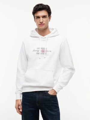 white terry-hoodie mit flag-grafik und tunnelzug für herren - tommy hilfiger