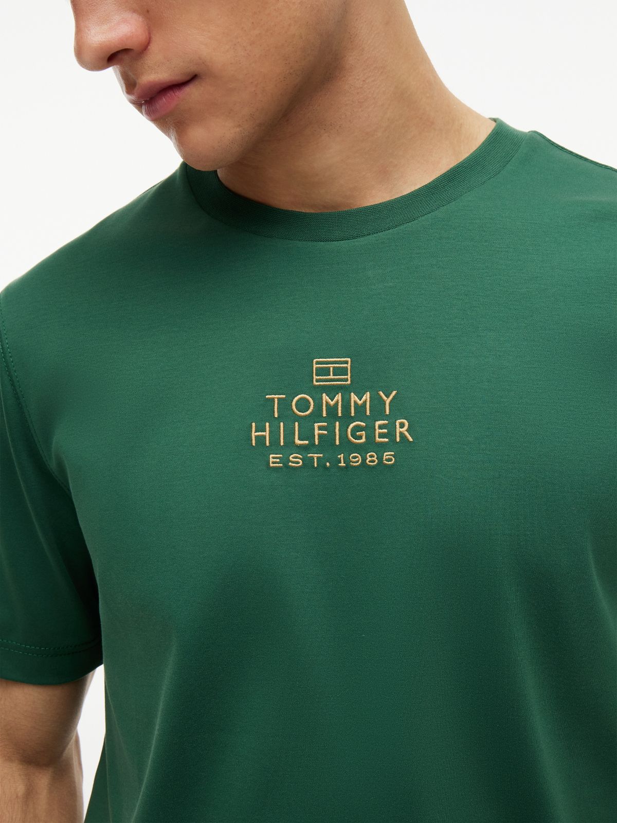 Logo Embroidery Interlock Knit T-Shirt — Green