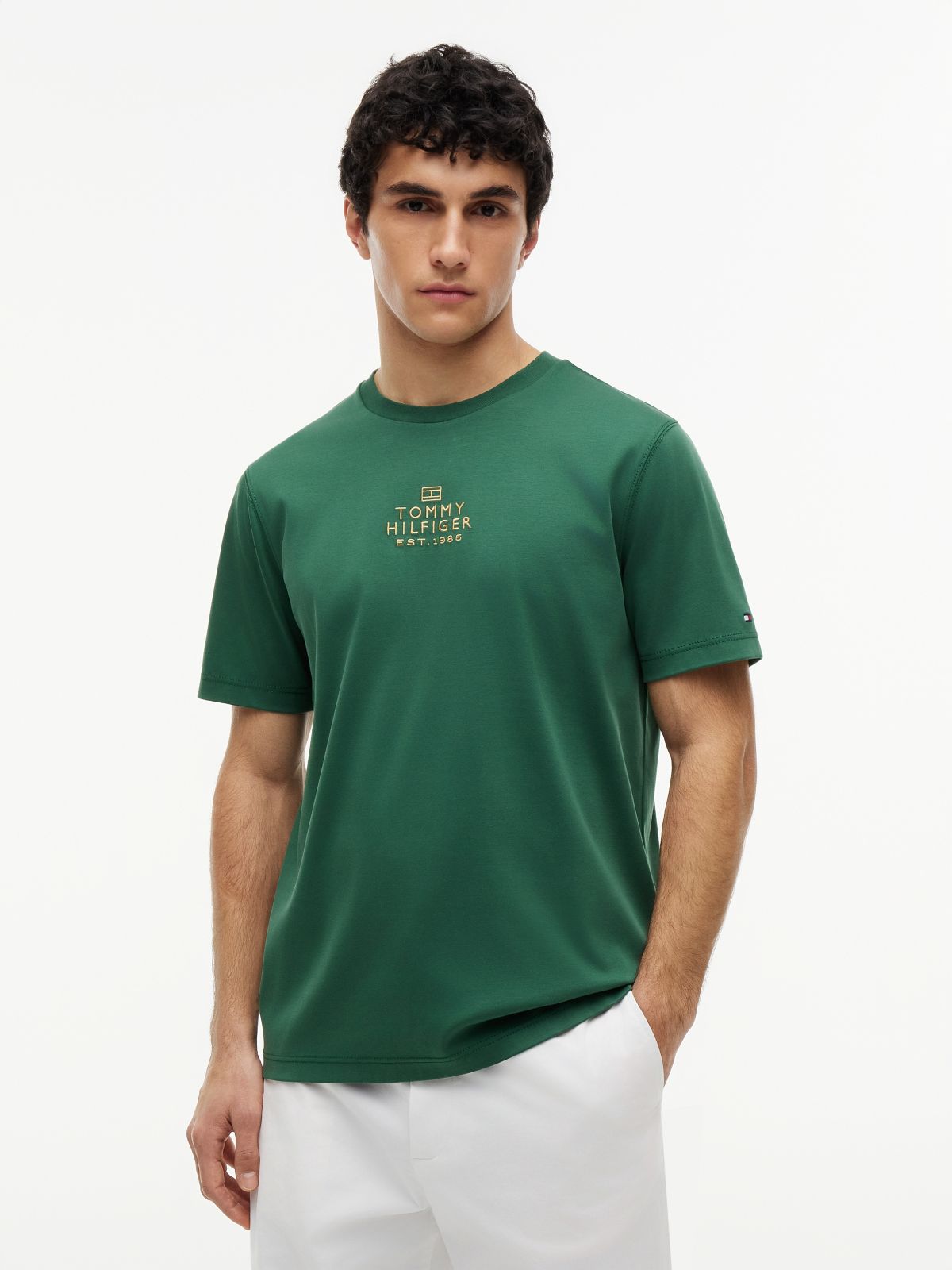 Logo Embroidery Interlock Knit T-Shirt — Green