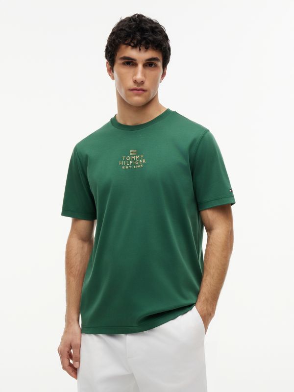 Logo Embroidery Interlock Knit T-Shirt — Green