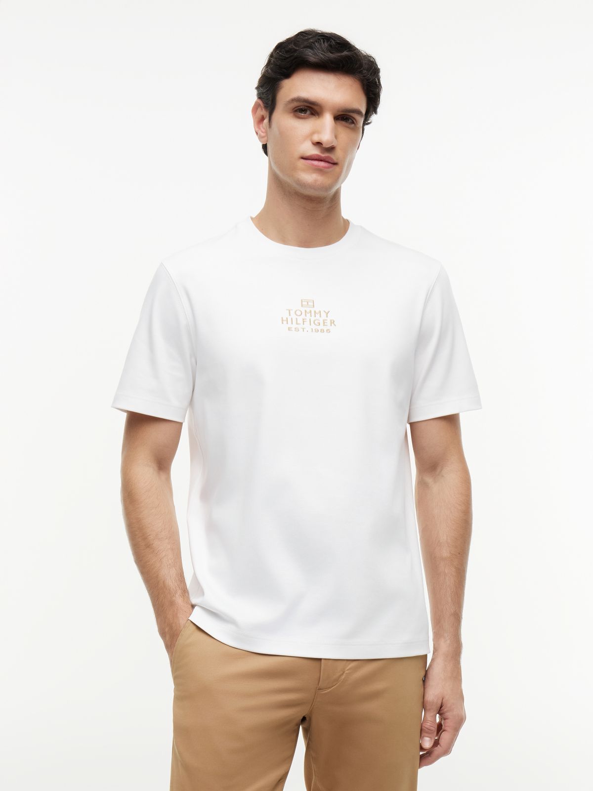 Logo Embroidery Interlock Knit T-Shirt — White