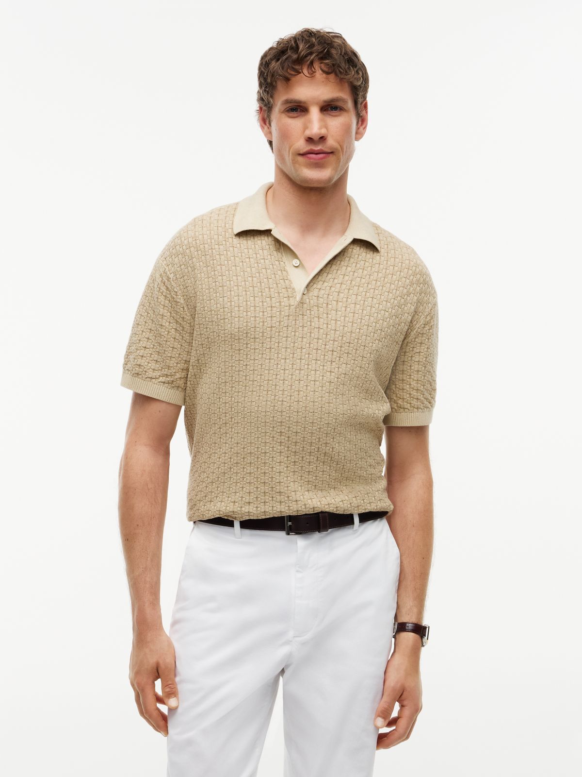 Washed Structured Polo Shirt — Beige