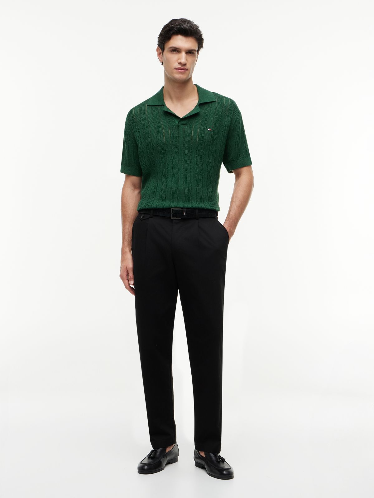 Relaxed Pointelle Structured Polo Shirt With Linen — Green