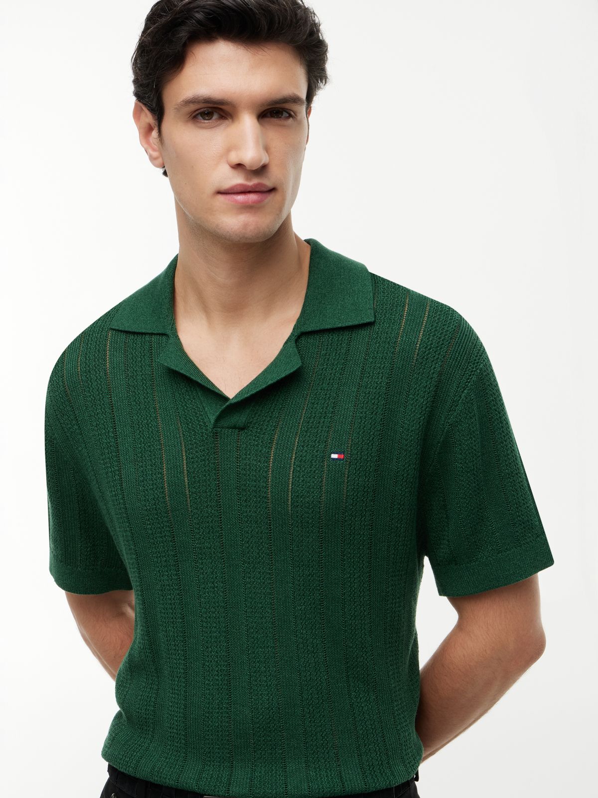Relaxed Pointelle Structured Polo Shirt With Linen — Green