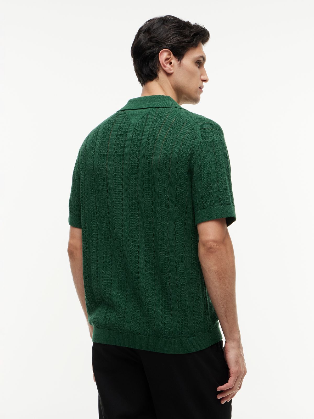 Relaxed Pointelle Structured Polo Shirt With Linen — Green