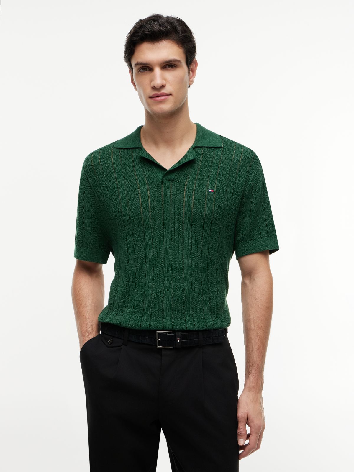 Relaxed Pointelle Structured Polo Shirt With Linen — Green