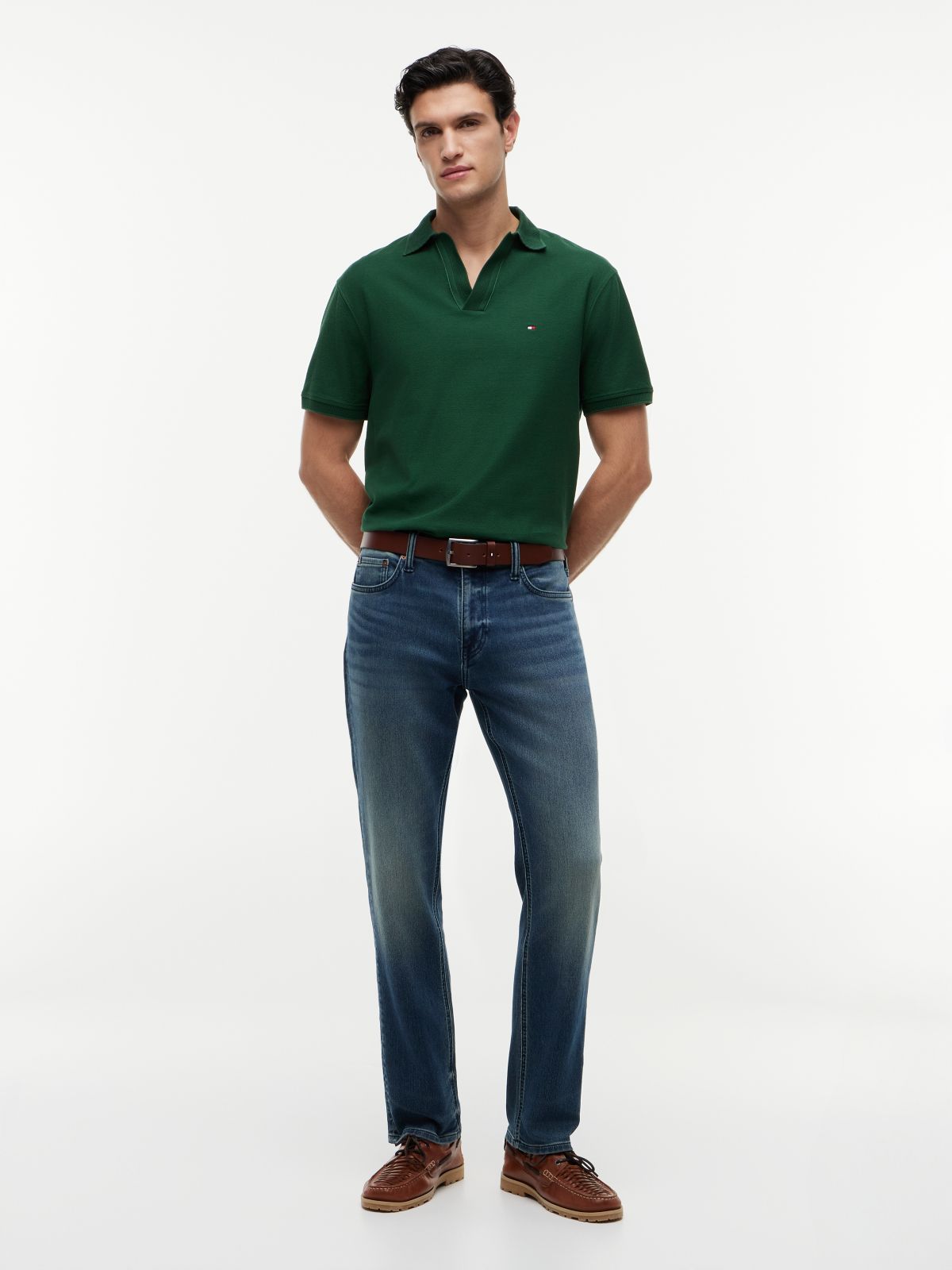 Relaxed Fit Stripe Crepe Polo Shirt — Green