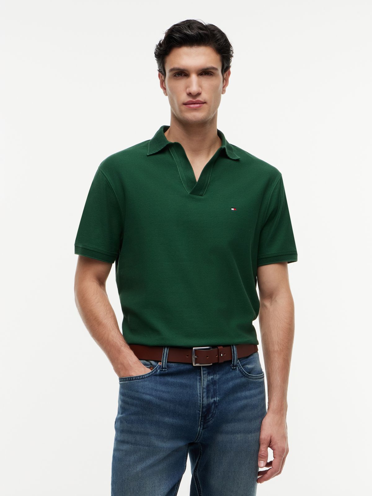 Relaxed Fit Stripe Crepe Polo Shirt — Green
