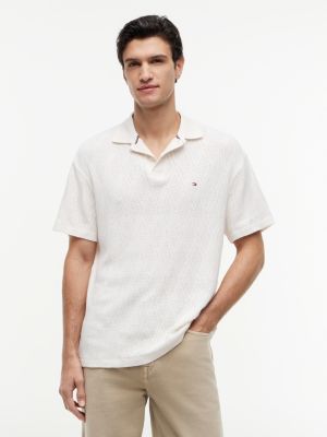 polo coupe classique en jacquard beige pour hommes tommy hilfiger