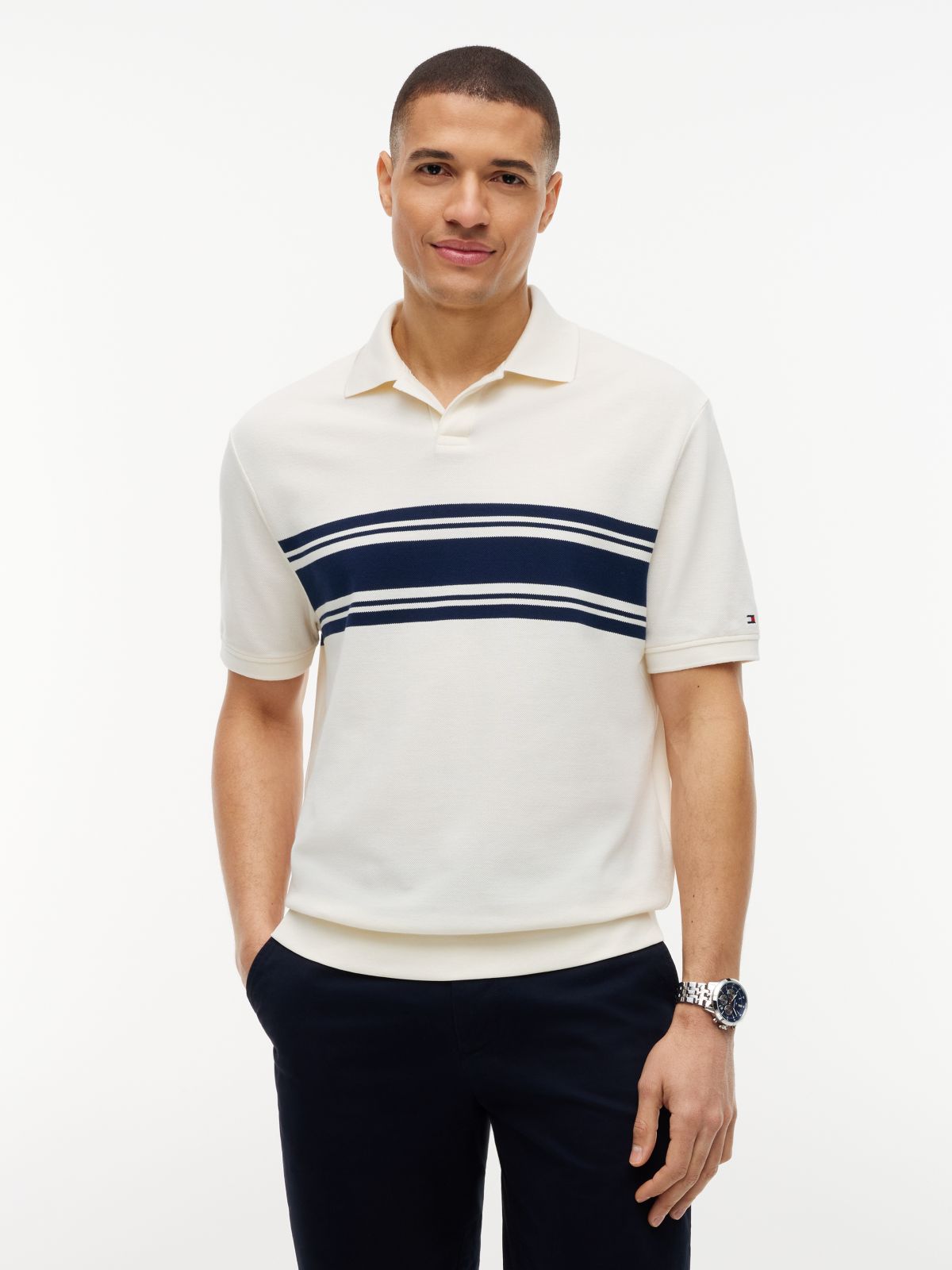 Classic Fit Stripe Pique Polo Shirt — Beige