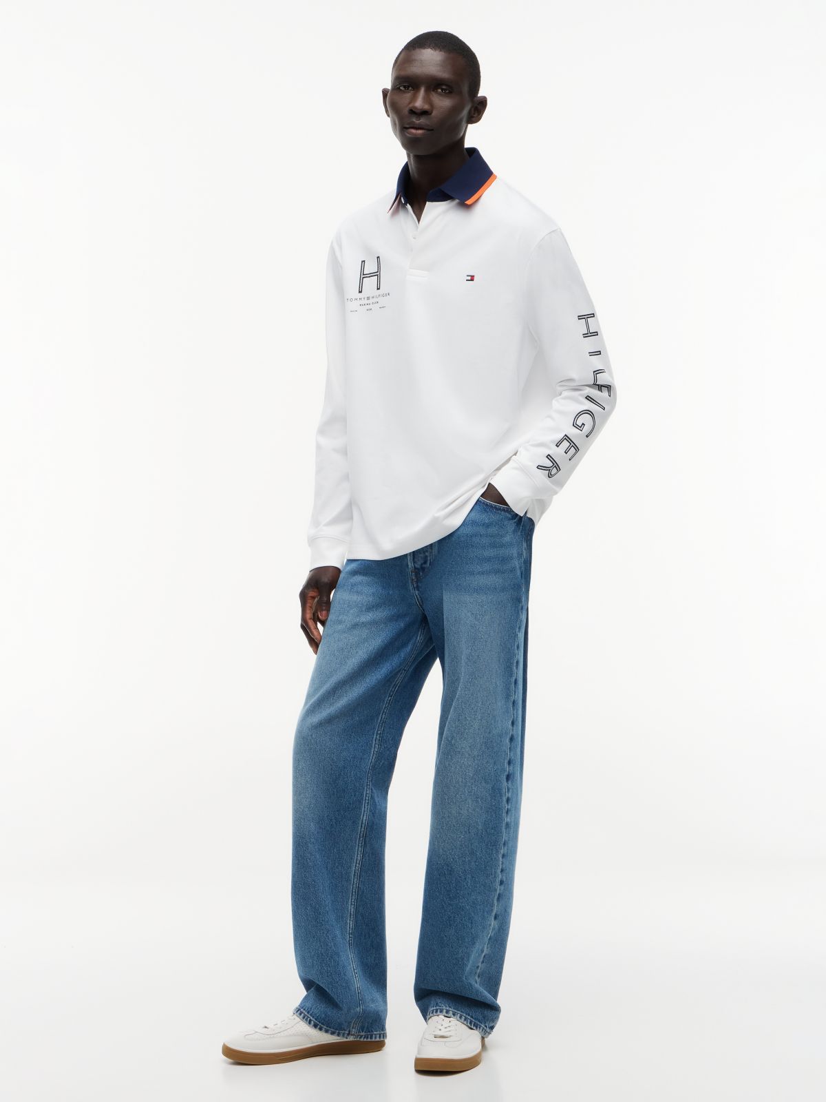 Classic Fit Logo Long Sleeve Polo Shirt — White