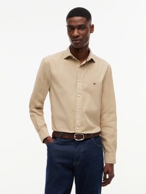 beige regular fit washed poplin shirt for men tommy hilfiger