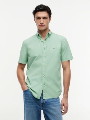 green regular fit washed poplin short sleeve shirt for men tommy hilfiger