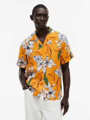 orange regular tropical print linen short sleeve shirt for men tommy hilfiger