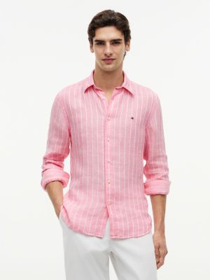 pink regular fit textured stripe pure linen shirt for men tommy hilfiger