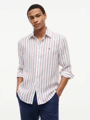 red regular fit textured stripe pure linen shirt for men tommy hilfiger