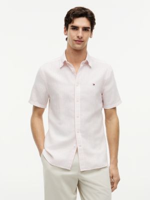 chemise à manches courtes et rayures bengale en lin pink pour hommes tommy hilfiger