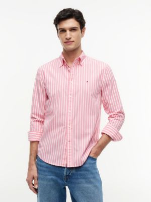 pink regular fit flex stripe poplin shirt for men tommy hilfiger