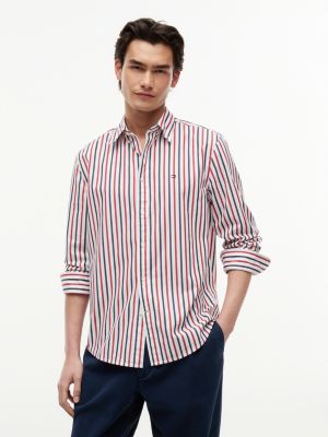 red regular fit flex stripe poplin shirt for men tommy hilfiger