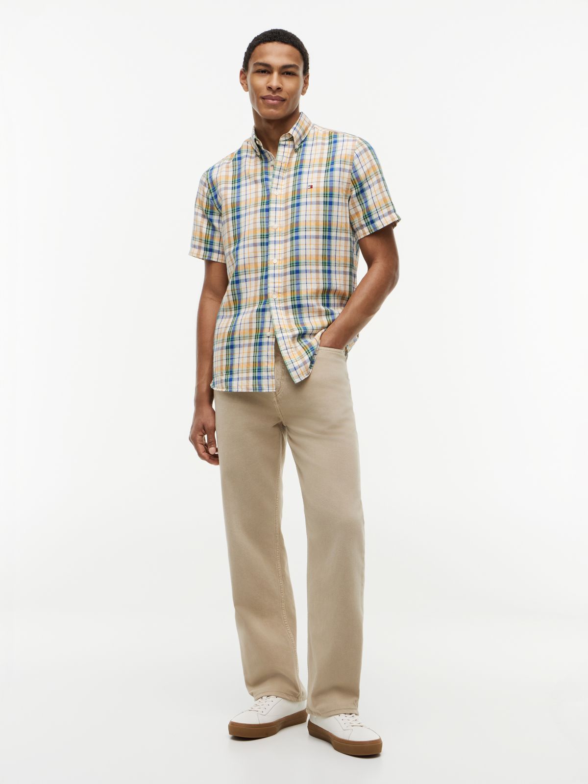 Classic Fit Check Linen Blend Short Sleeve Shirt — Multi