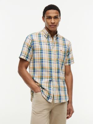 beige classic fit check linen blend short sleeve shirt for men tommy hilfiger