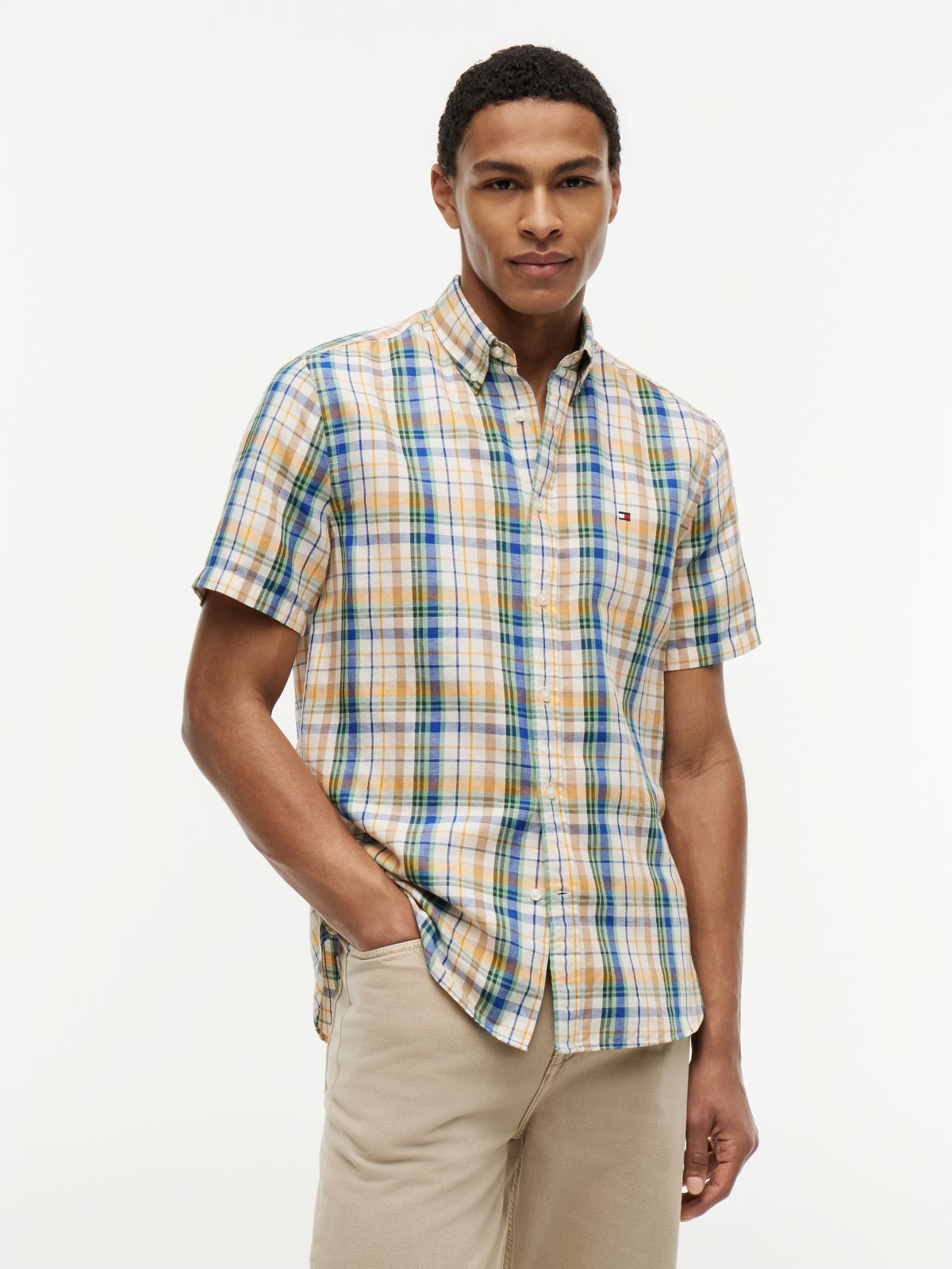 Classic Fit Check Linen Blend Short Sleeve Shirt — Multi