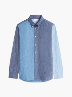 blue relaxed fit colour-blocked chambray shirt for men tommy hilfiger