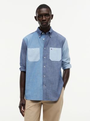 blue relaxed fit chambray-hemd mit color block für herren - tommy hilfiger