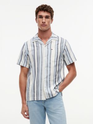 blue regular fit textured stripe short sleeve shirt for men tommy hilfiger