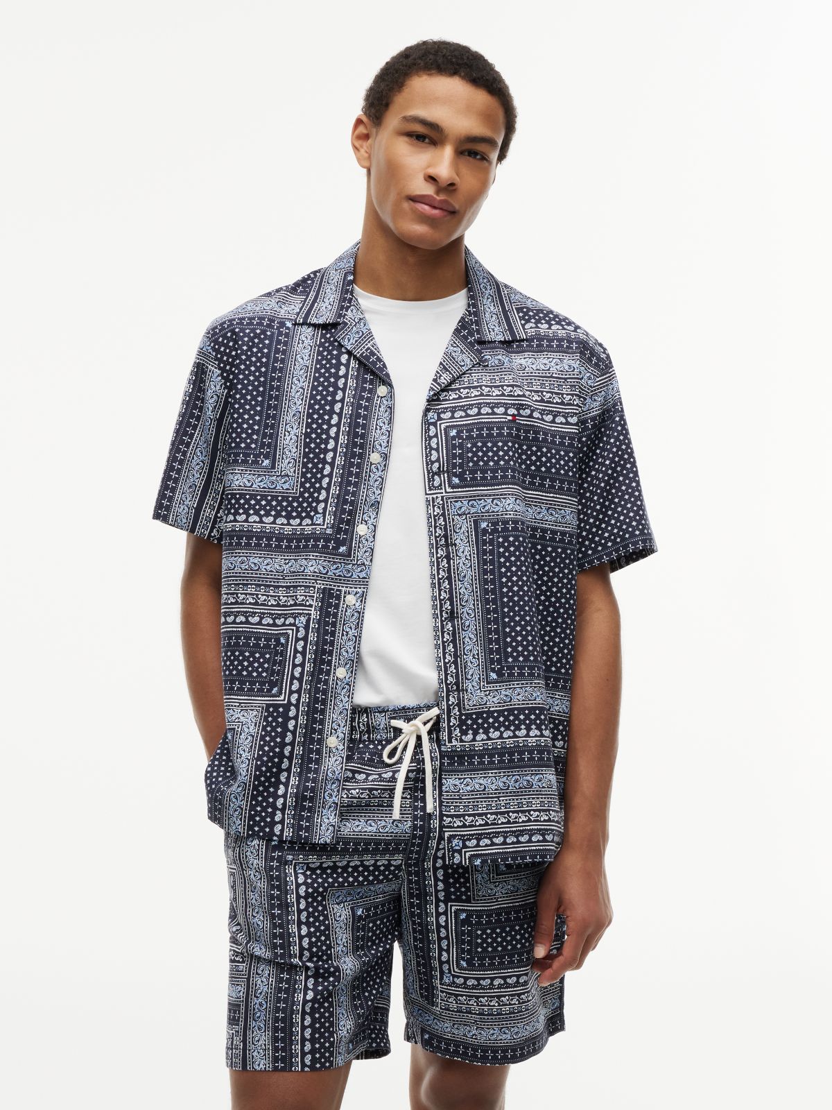 Relaxed Fit Bandana Print Short Sleeve Shirt — Blue