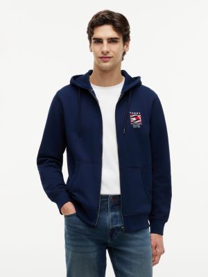 sweat à capuche zippé en tissu éponge à drapeau brodé blue pour hommes tommy hilfiger