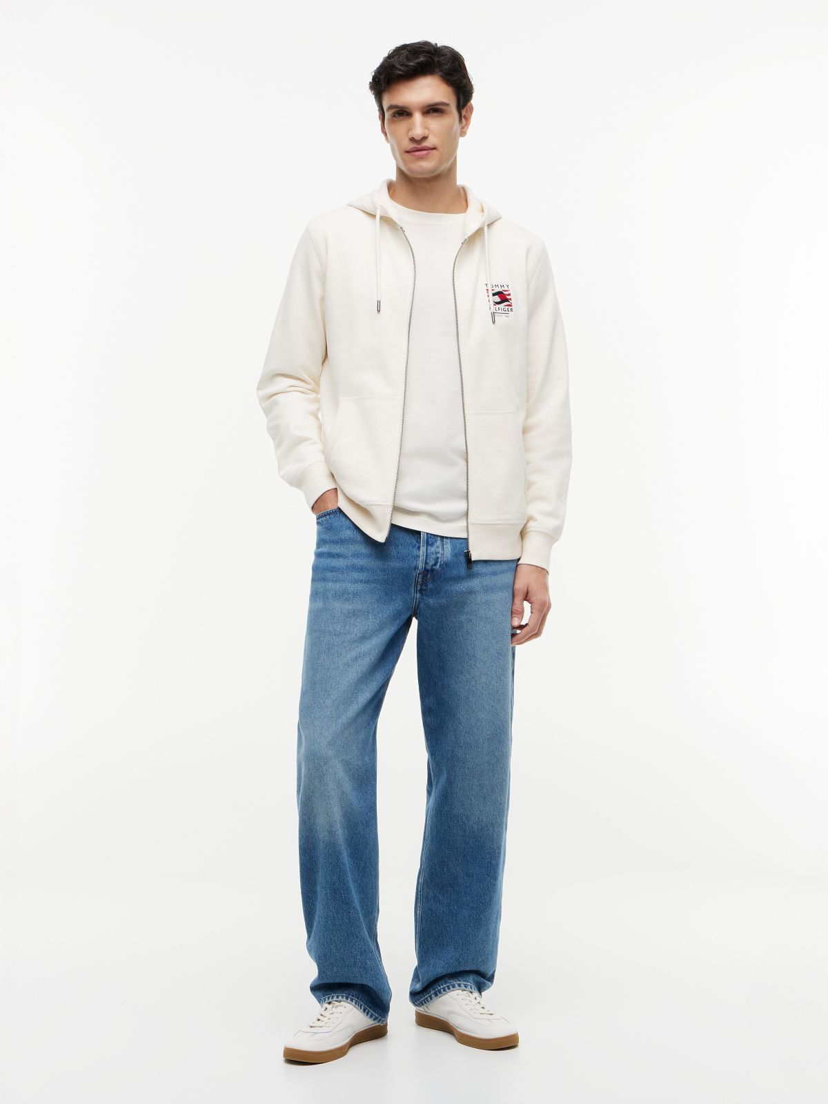 Flag Embroidery French Terry Zip-Thru Hoody — Beige