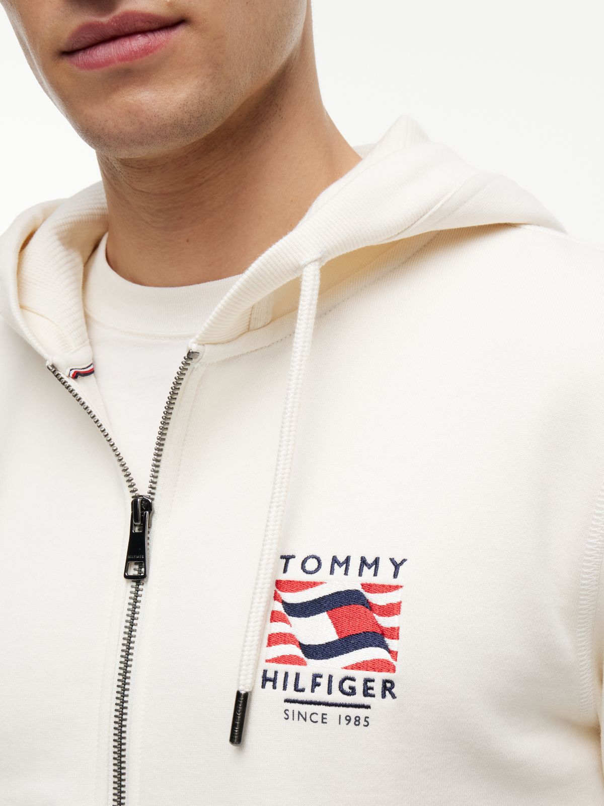 Flag Embroidery French Terry Zip-Thru Hoody — Beige