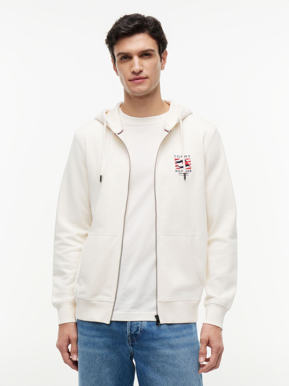 Flag Embroidery French Terry Zip-Thru Hoody — Beige