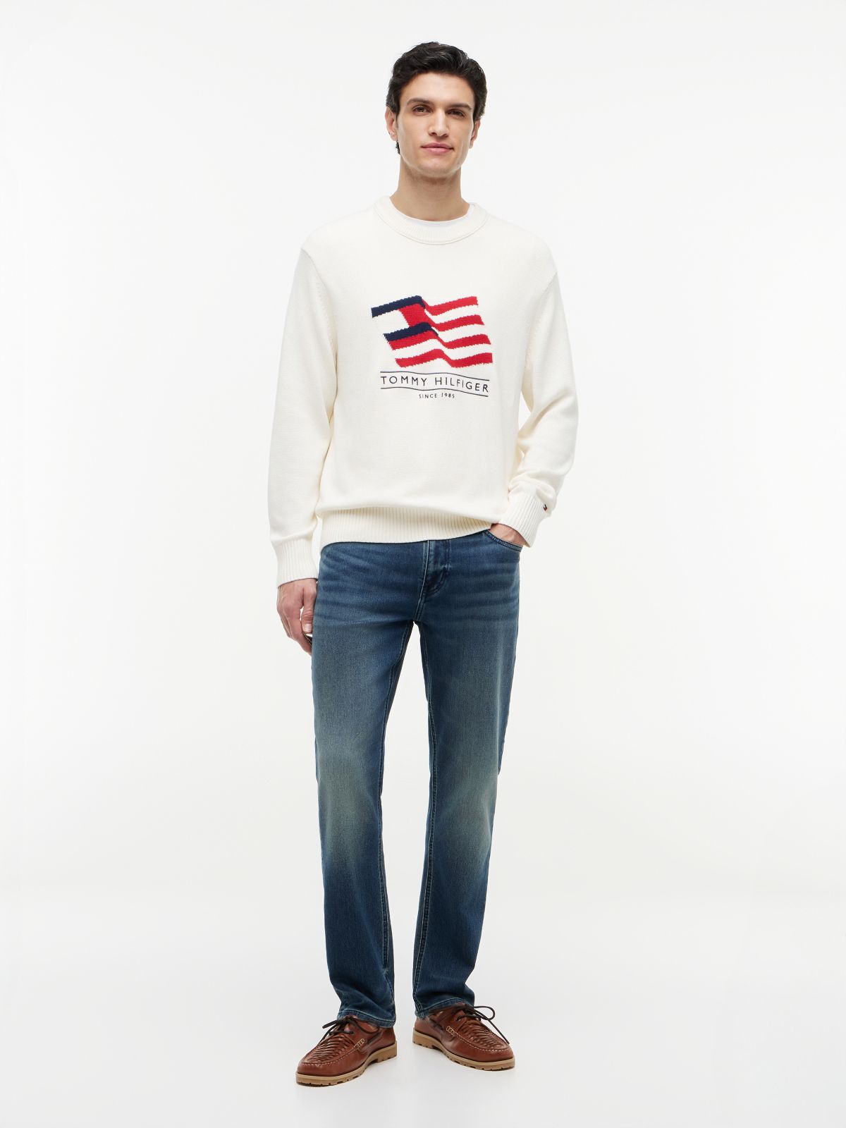Intarsia Flag Relaxed Crew Neck Jumper — Beige