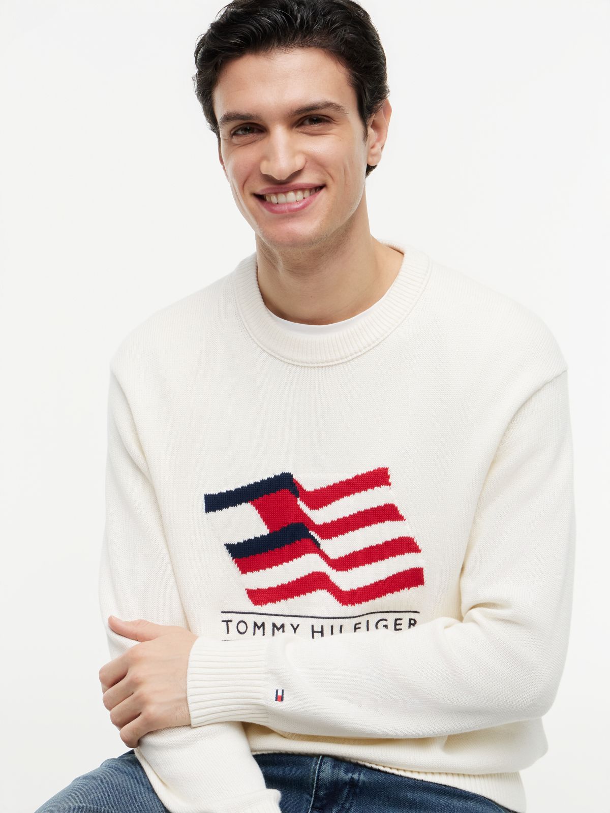 Intarsia Flag Relaxed Crew Neck Jumper — Beige