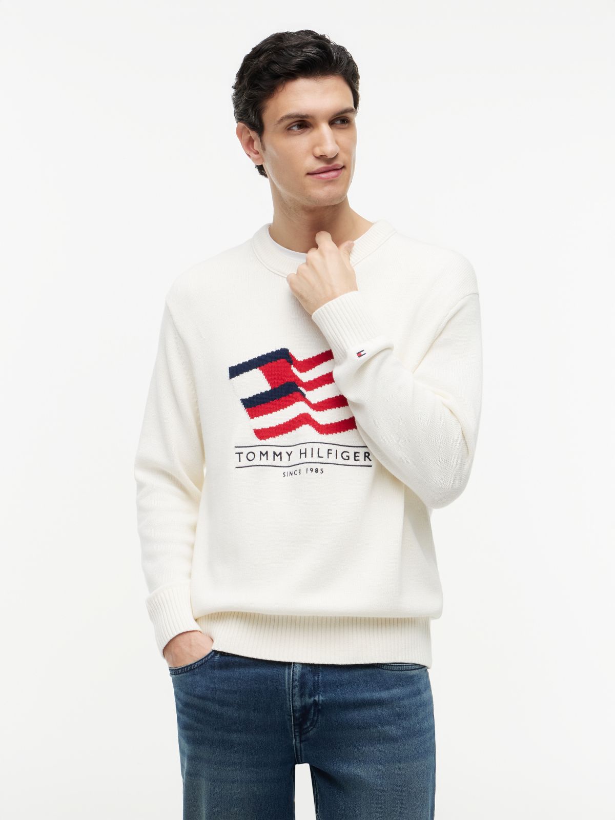 Intarsia Flag Relaxed Crew Neck Jumper — Beige