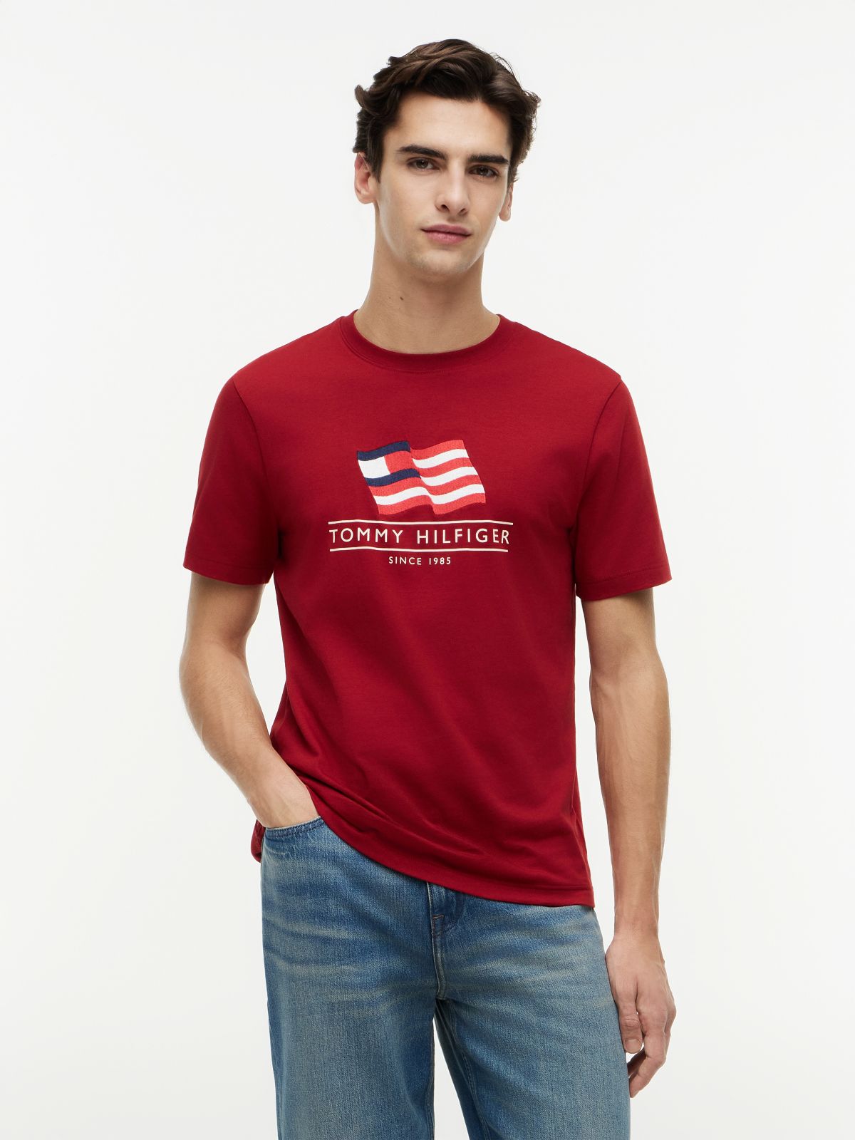 Wavy Flag Appliqué Jersey T-Shirt — Red