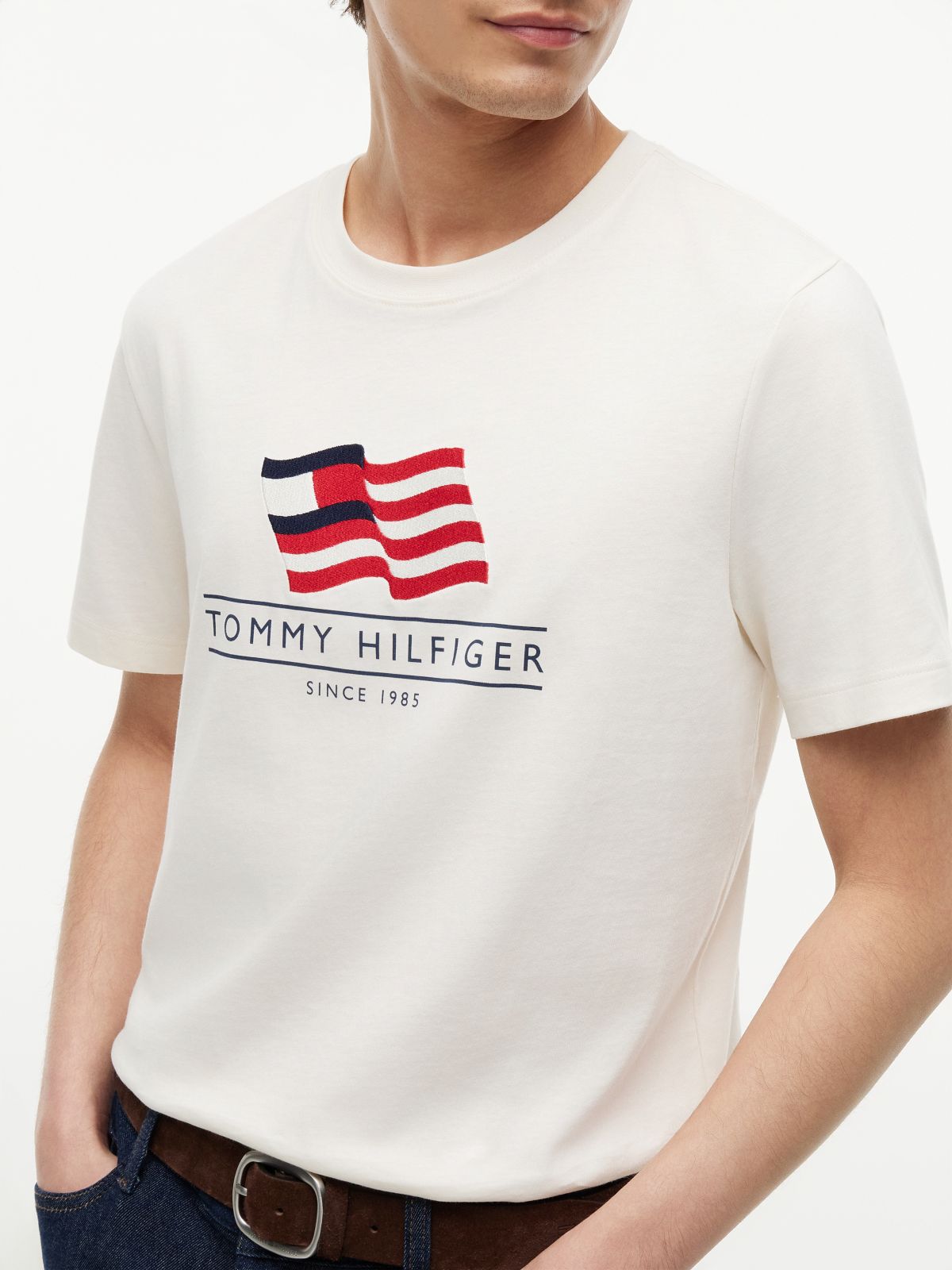 Wavy Flag Appliqué Jersey T-Shirt — Beige