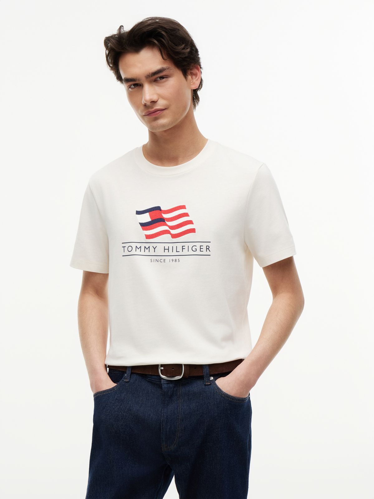 Wavy Flag Appliqué Jersey T-Shirt — Beige