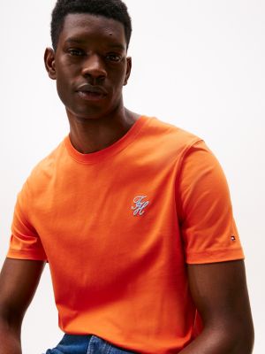 orange logo embroidery jersey t-shirt for men tommy hilfiger