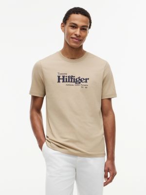beige logo graphic jersey t-shirt for men tommy hilfiger