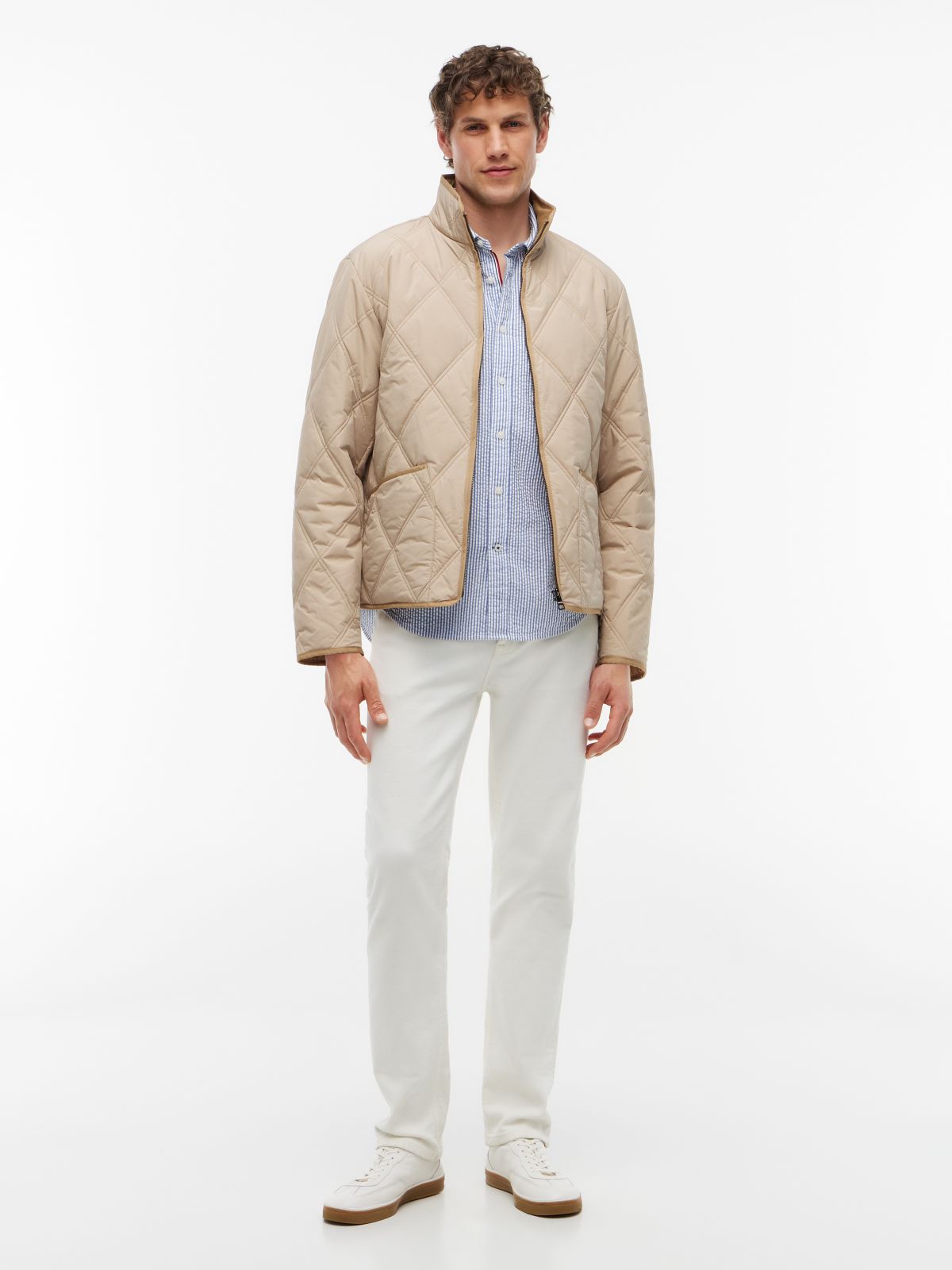 Diamond Quilted Zip-Thru Jacket — Beige