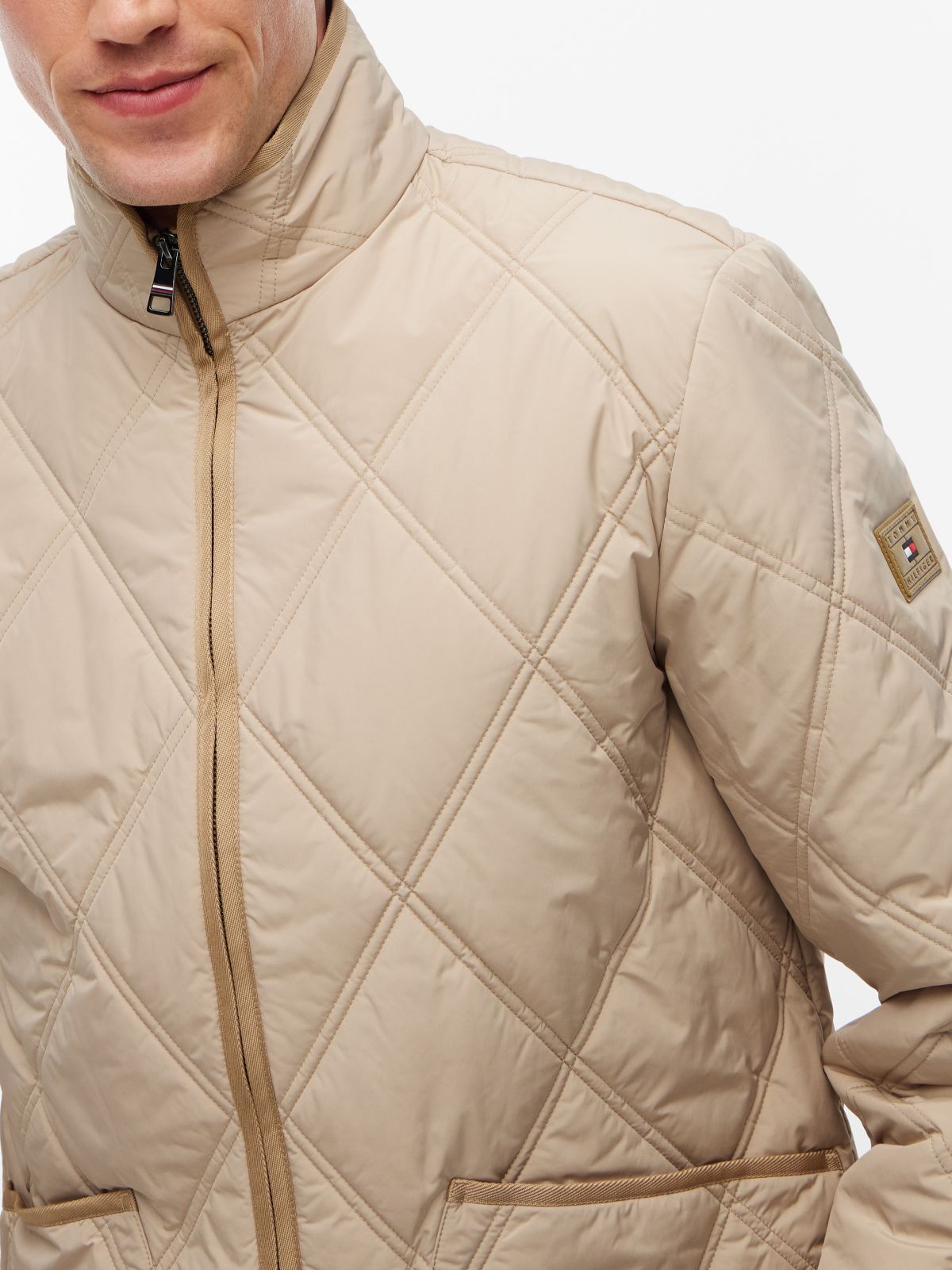 Diamond Quilted Zip-Thru Jacket — Beige