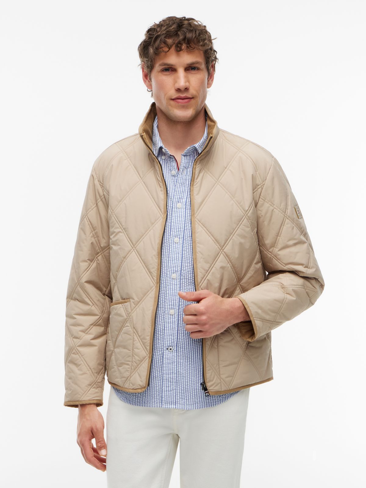 Diamond Quilted Zip-Thru Jacket — Beige